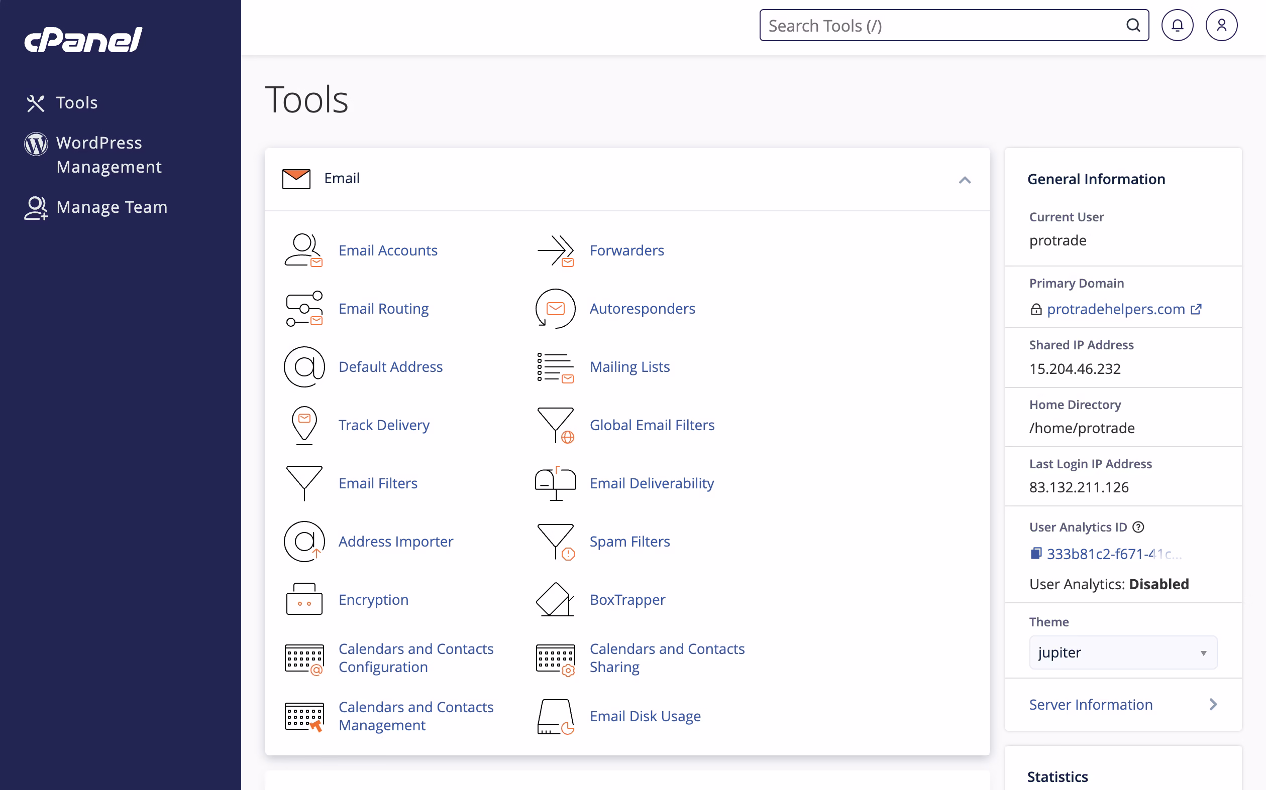 cPanel dashboard