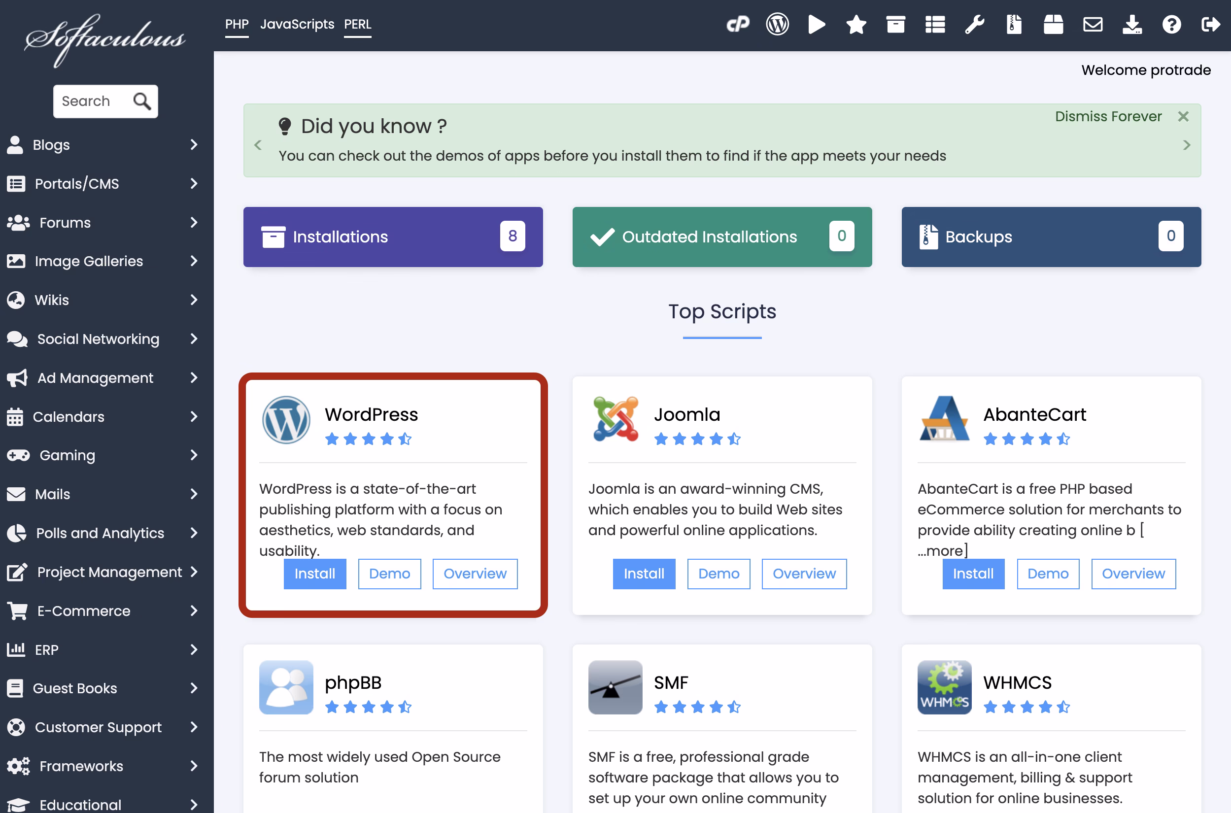 Wordpress installer in softcalculus