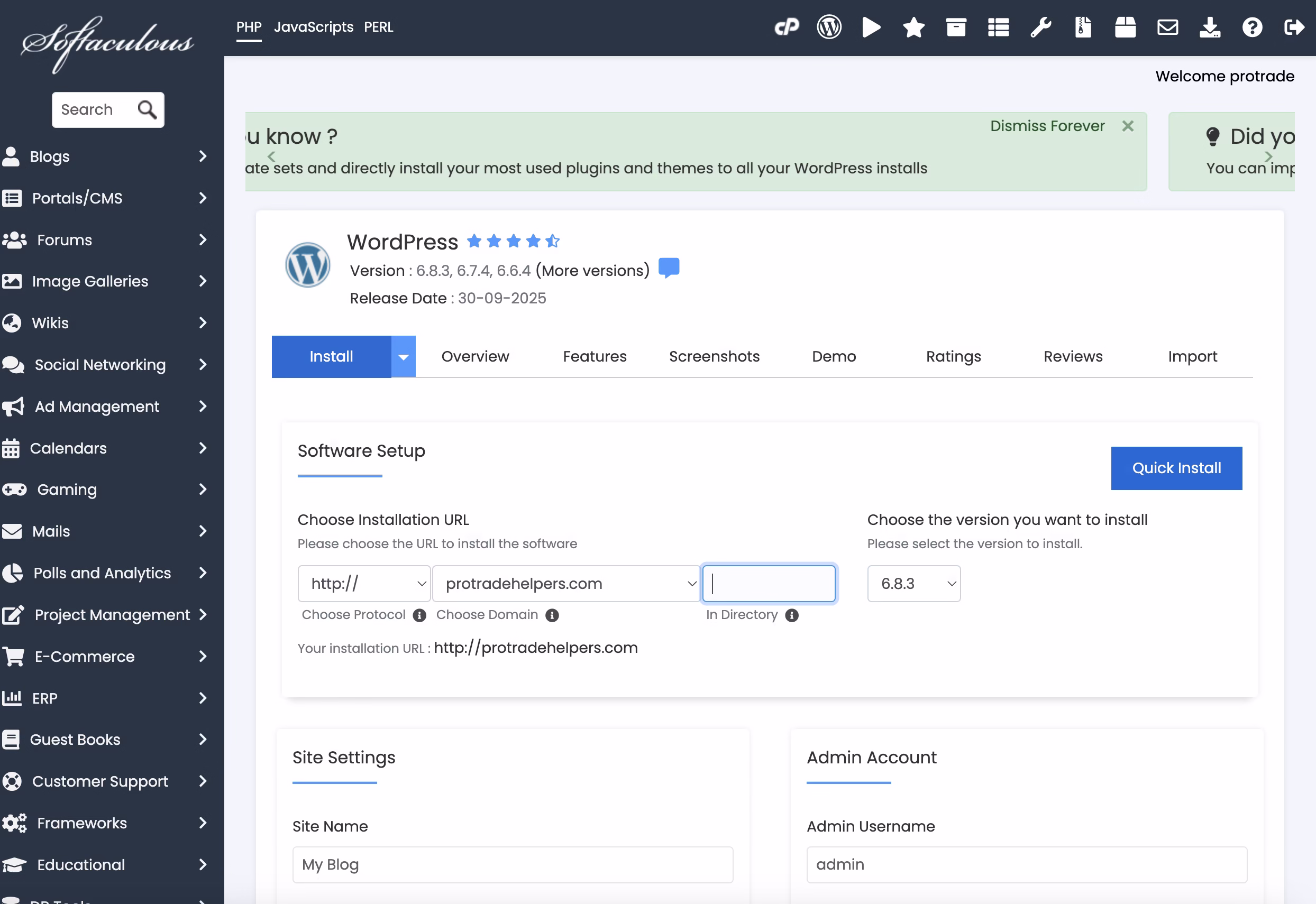 Wordpress instalation on Softcalculous